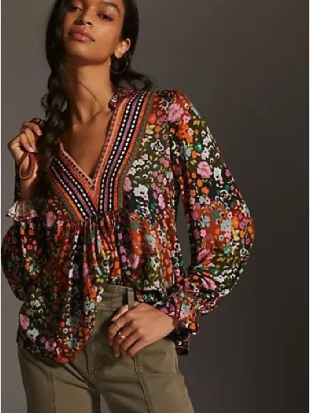 BL-NK London x Anthropologie Stephanie Floral V Neck Boho Fall Top Small Petite
